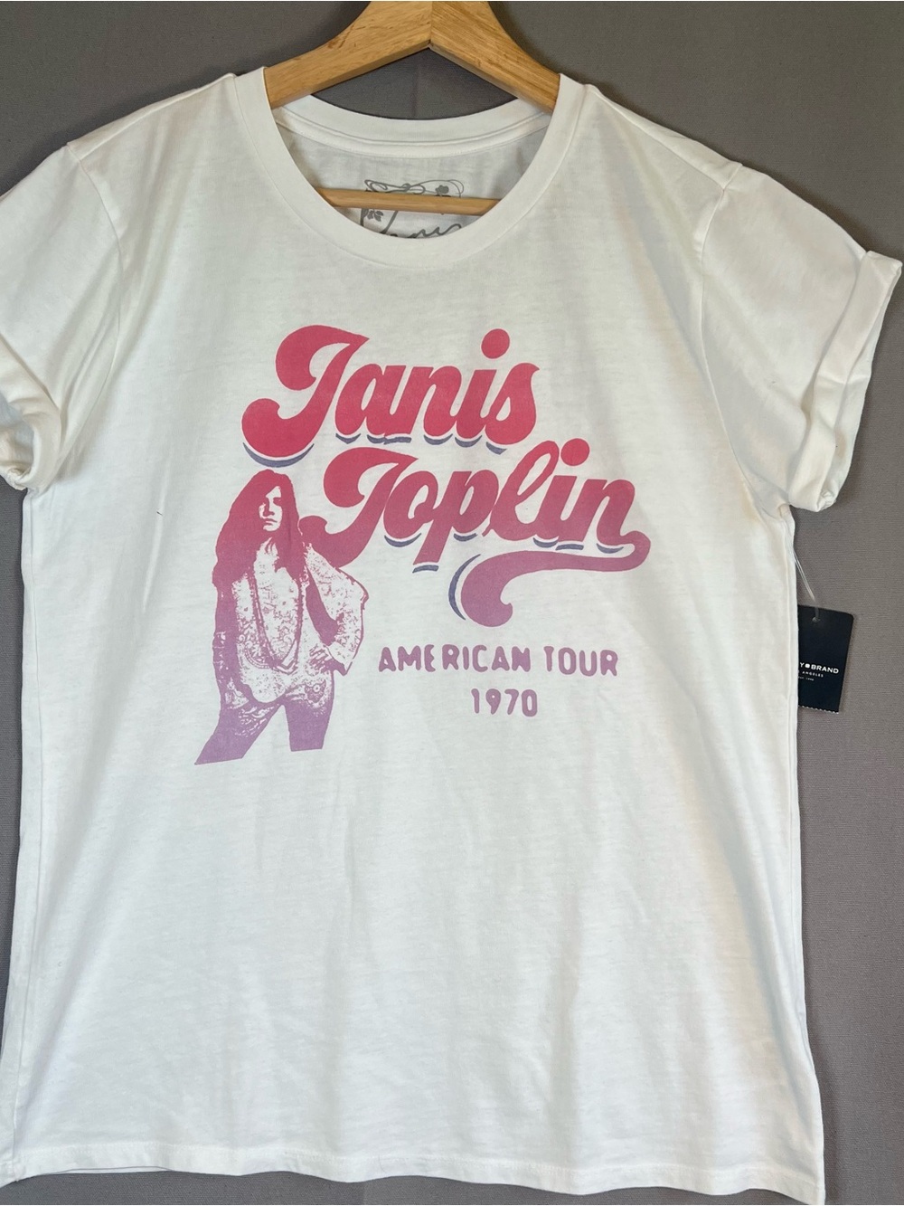 Lucky Brand Women's SzS Janis Joplin White Tour T-Shirt Rolled Short Sleeves NWT